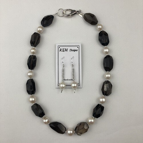 Smoky Topaz & Freshwater Pearl Necklace & Earring Set