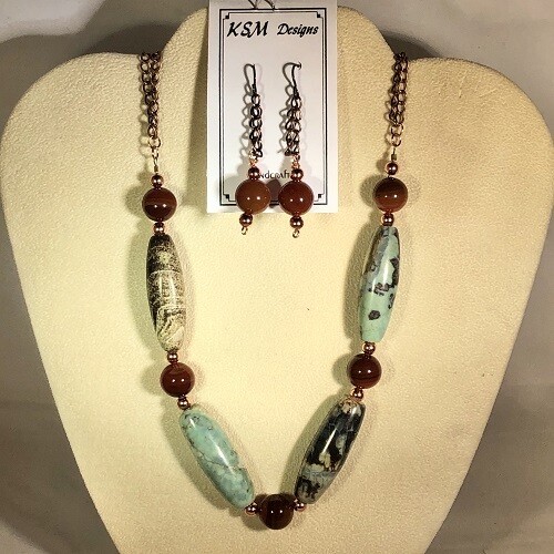 Agate, Corneilan & Copper Necklace & Earring Set