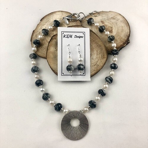 Black Web Jasper & Pearl Necklace & Earring Set