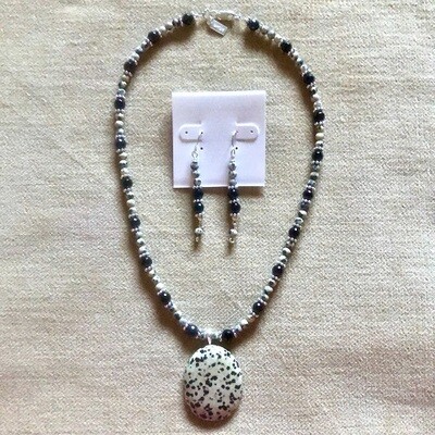 Dalmation Agate, Onyx & Pewter Necklace & Earring Set