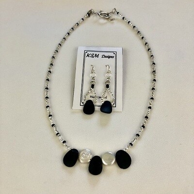 Lava Rock & Coin Freshwater Pearl Necklace & Earring Set