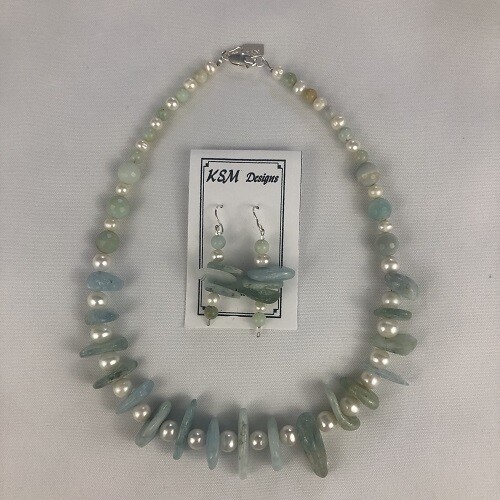 Aquamarine & Fresh Water Pearl Necklace & Earring Sey