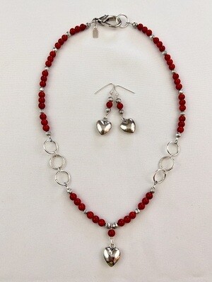Red Glass & Pewter Necklace & Earring Set