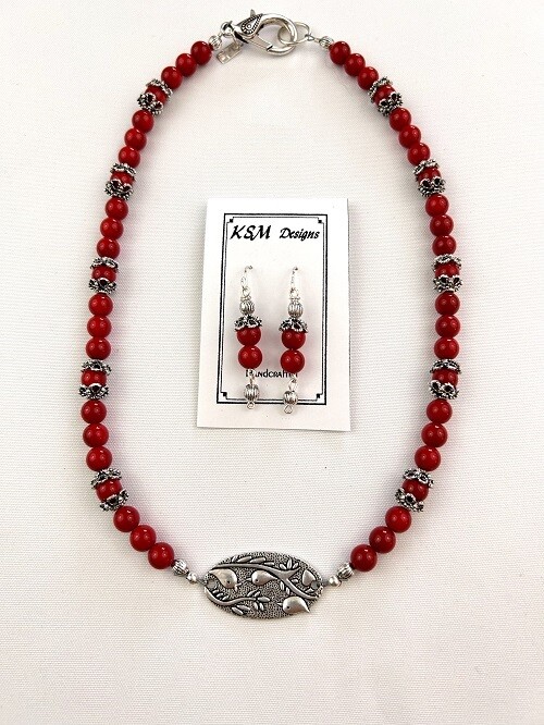 Red Glass &amp; Pewter Necklace &amp; Earring Set