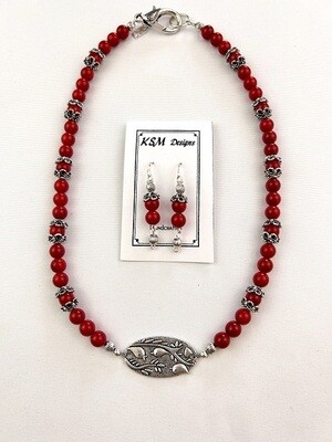 Red Glass &amp; Pewter Necklace &amp; Earring Set