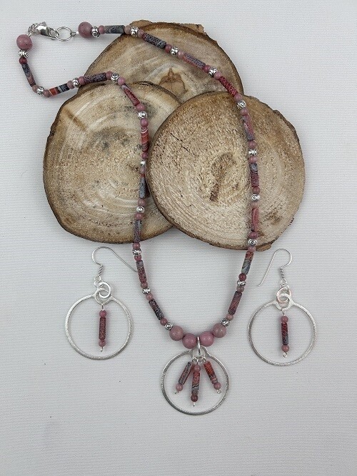 Petrified Rhodonite & Tibetan Necklace & Earring Set