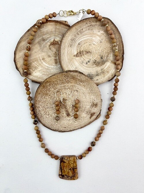 Picture Jasper & Wood Necklace & Earring Set SOLD