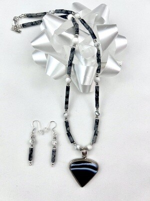 Magnesite, Quartz & Pewter Necklace & Earring Set