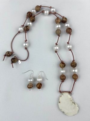 FRESH WATER PEARLS AND PICTURE JASPER  NECKLACE &amp; EARRING SET