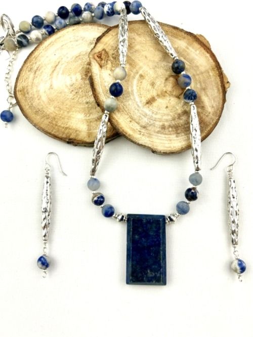 SODOLITE &amp; PEWTER NECKLACE &amp; EARRING SET