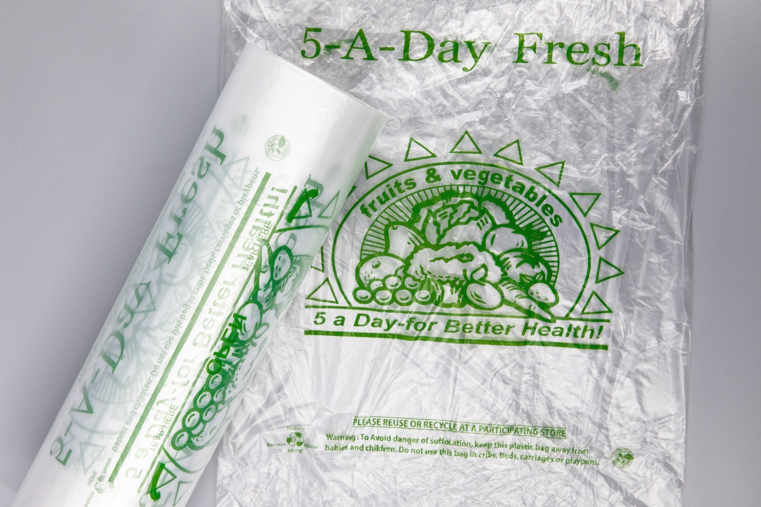 HDPE Produce Bag &quot;5 A Days&quot; 12&quot; x 20&quot; 14 mic Clear/Green