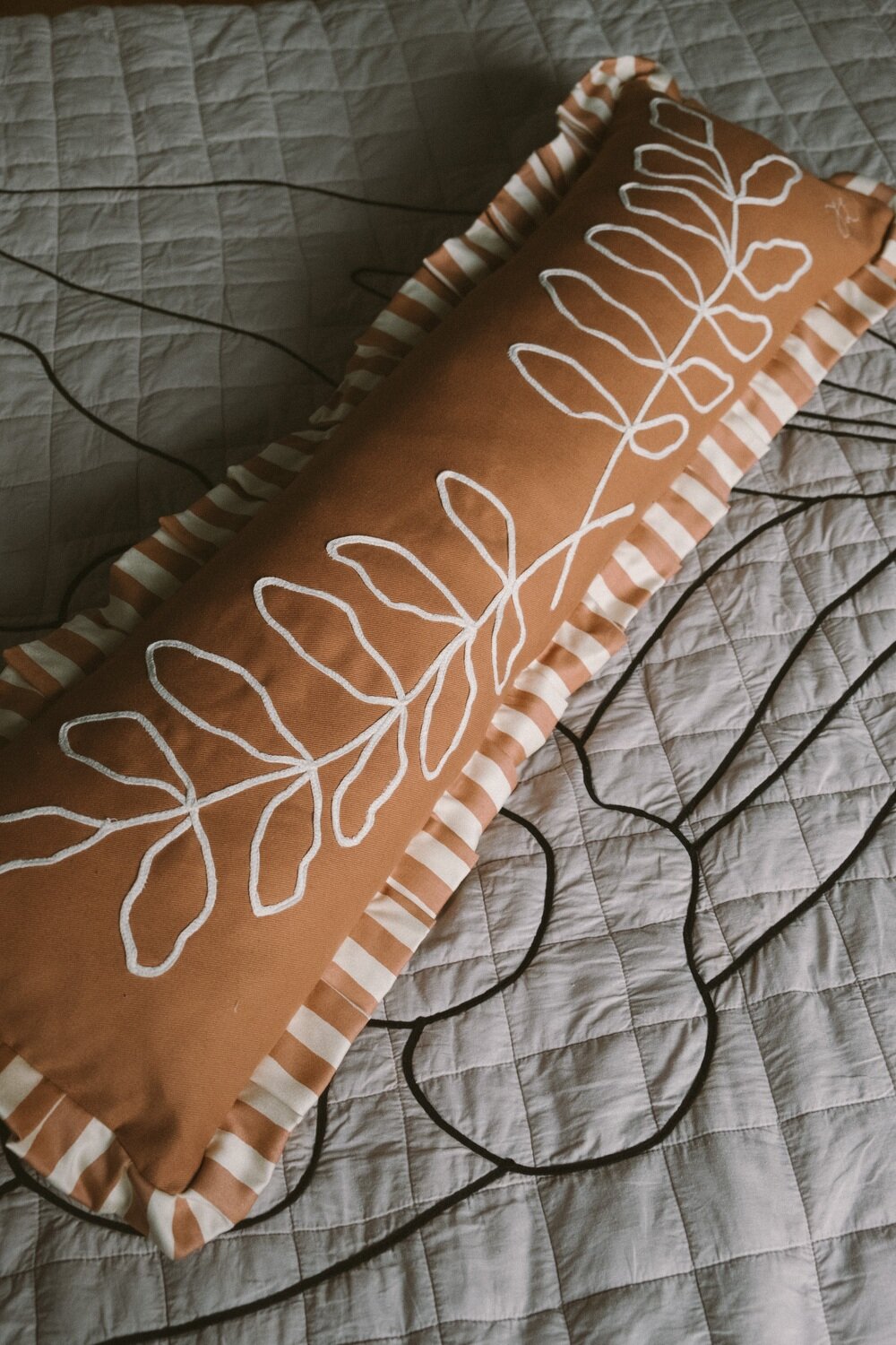 Leaves Embroidered Bolster Pillow