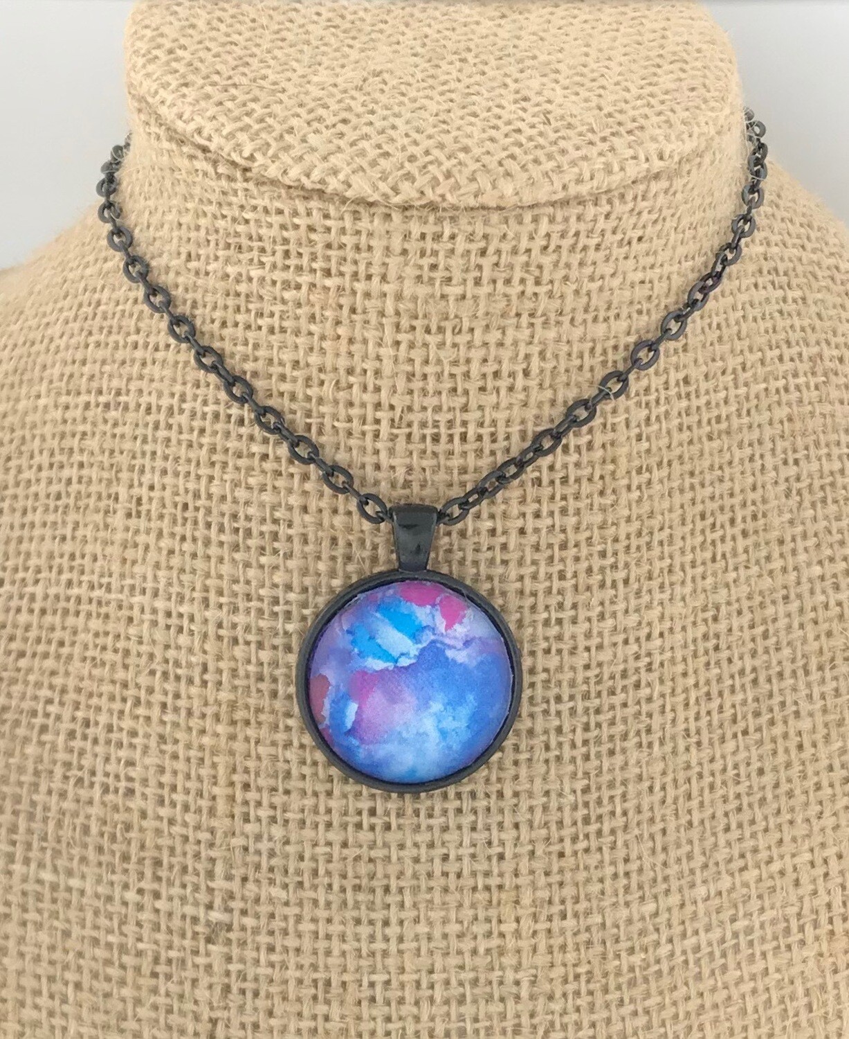 Boho Blue Ink Painting Pendant Necklace