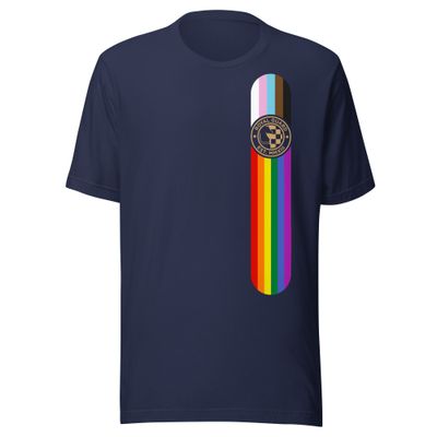 front of navy T-shirt with Royal Guard seal in a vertical bar of Progress Pride stripes