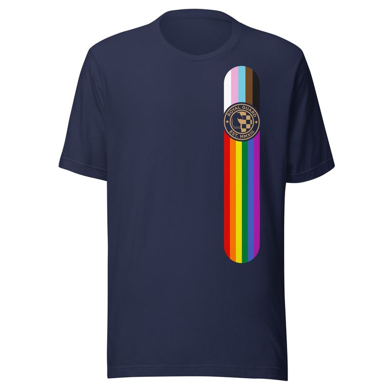 front of navy T-shirt with Royal Guard seal in a vertical bar of Progress Pride stripes