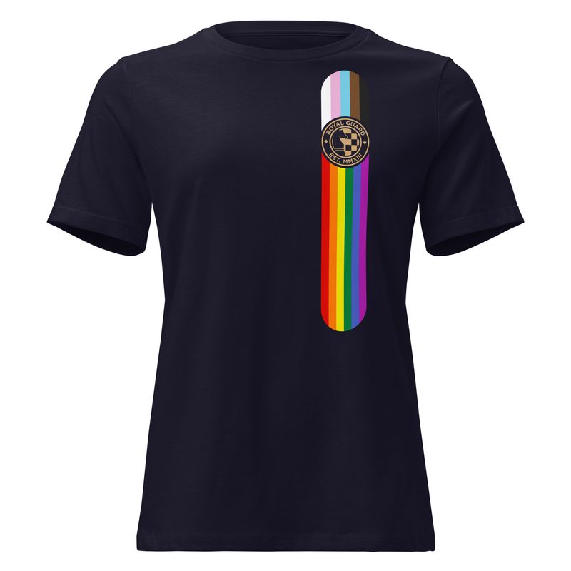 front of dark navy, narrow-fit T-shirt with Royal Guard seal in a vertical bar of Progress Pride stripes