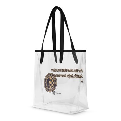 clear stadium bag with black handles and trim and Royal Guard seal