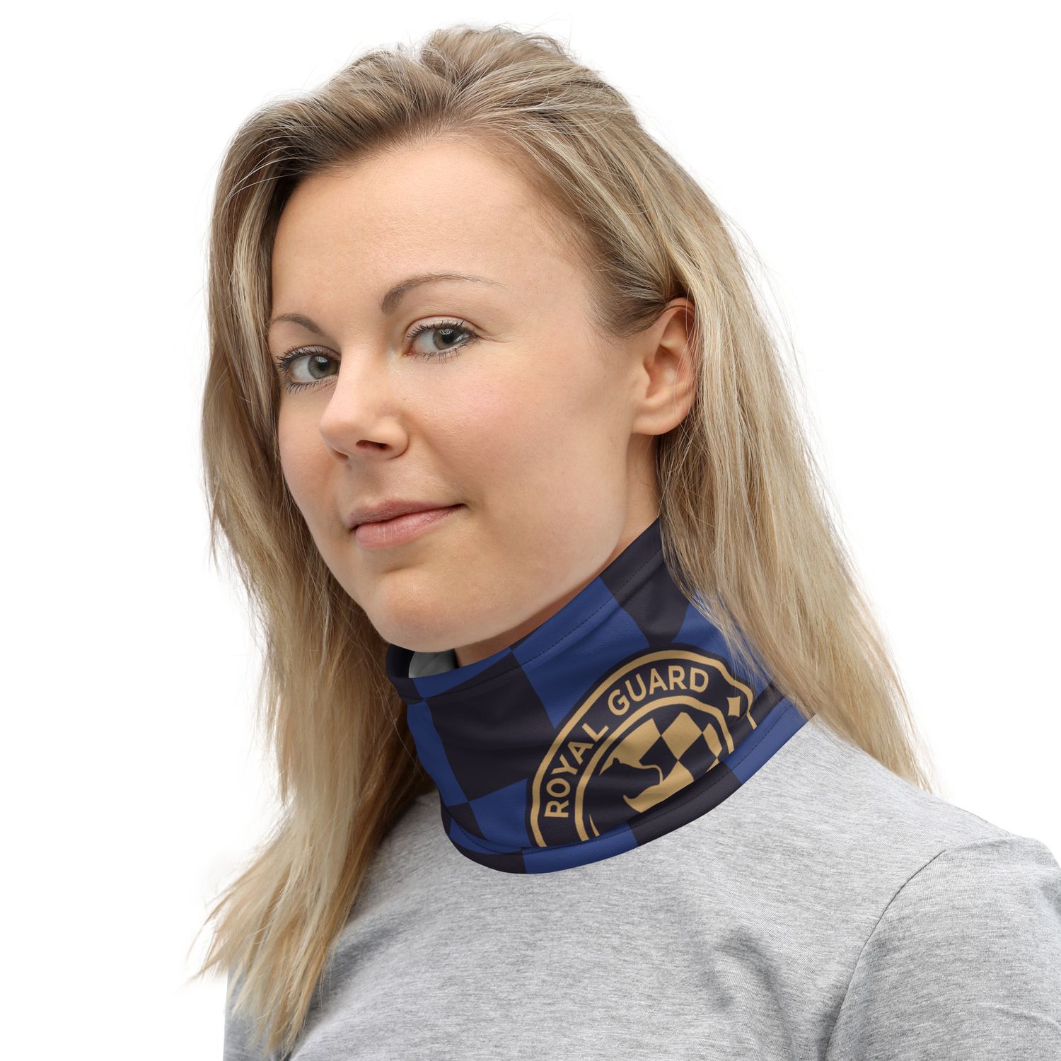 woman wearing blue-navy checkered neck warmer with Royal Guard seal around her neck
