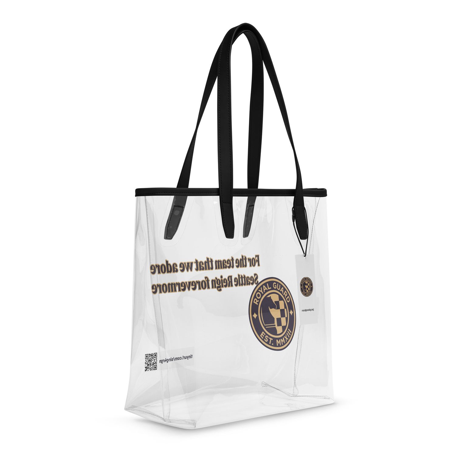 clear stadium bag with black handles and trim and Royal Guard seal