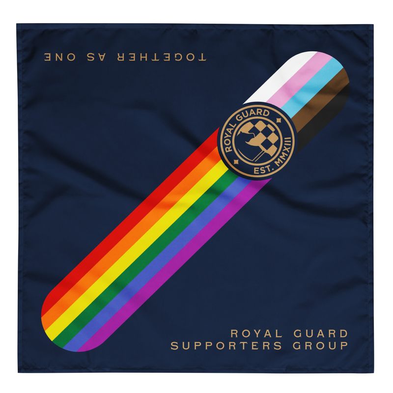 navy bandana with Pride and Trans Pride stripes, gold Royal Guard logo, and lettering in gold