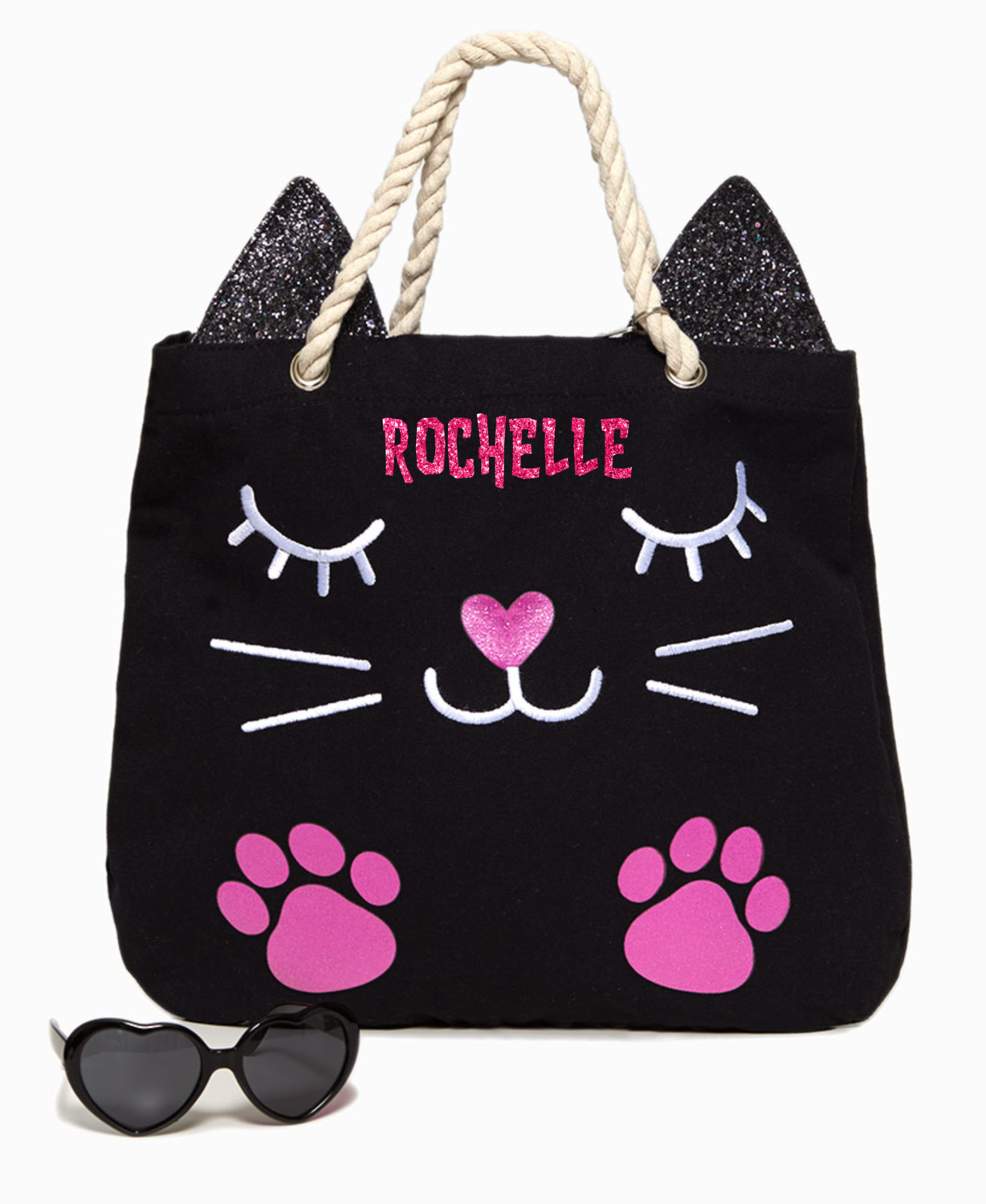 Personalized Tote Bags With Accessories For Girls, Selection: Black With Rope Handle-Glasses