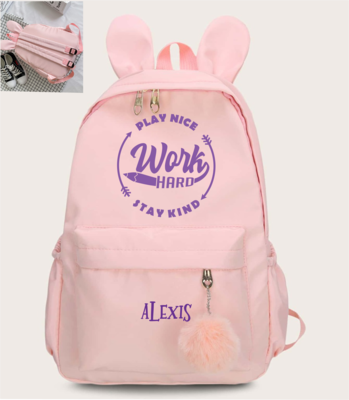 Personalized Backpacks With Pom Pom Charm For Girls, Selection: Play Nice Work Hard