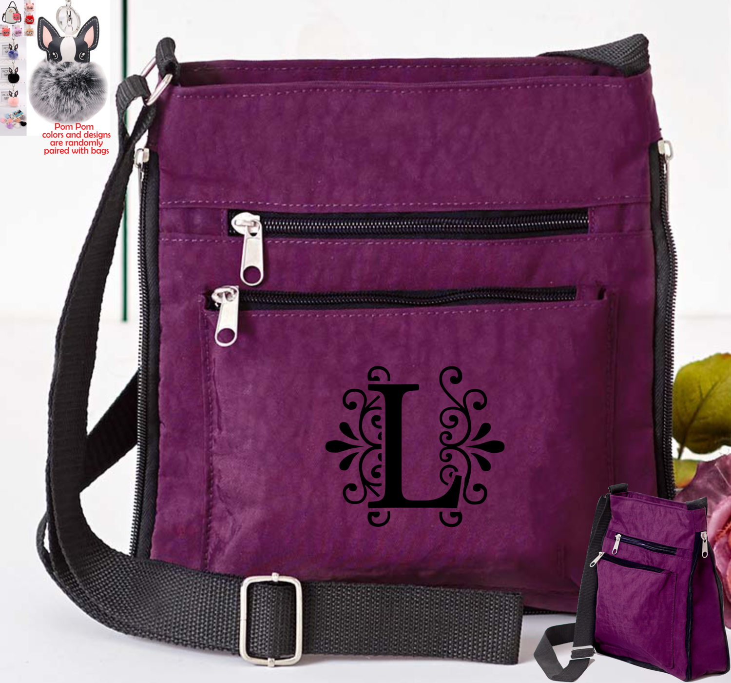 Personalized Crossbody Bags With Pom Pom Charm