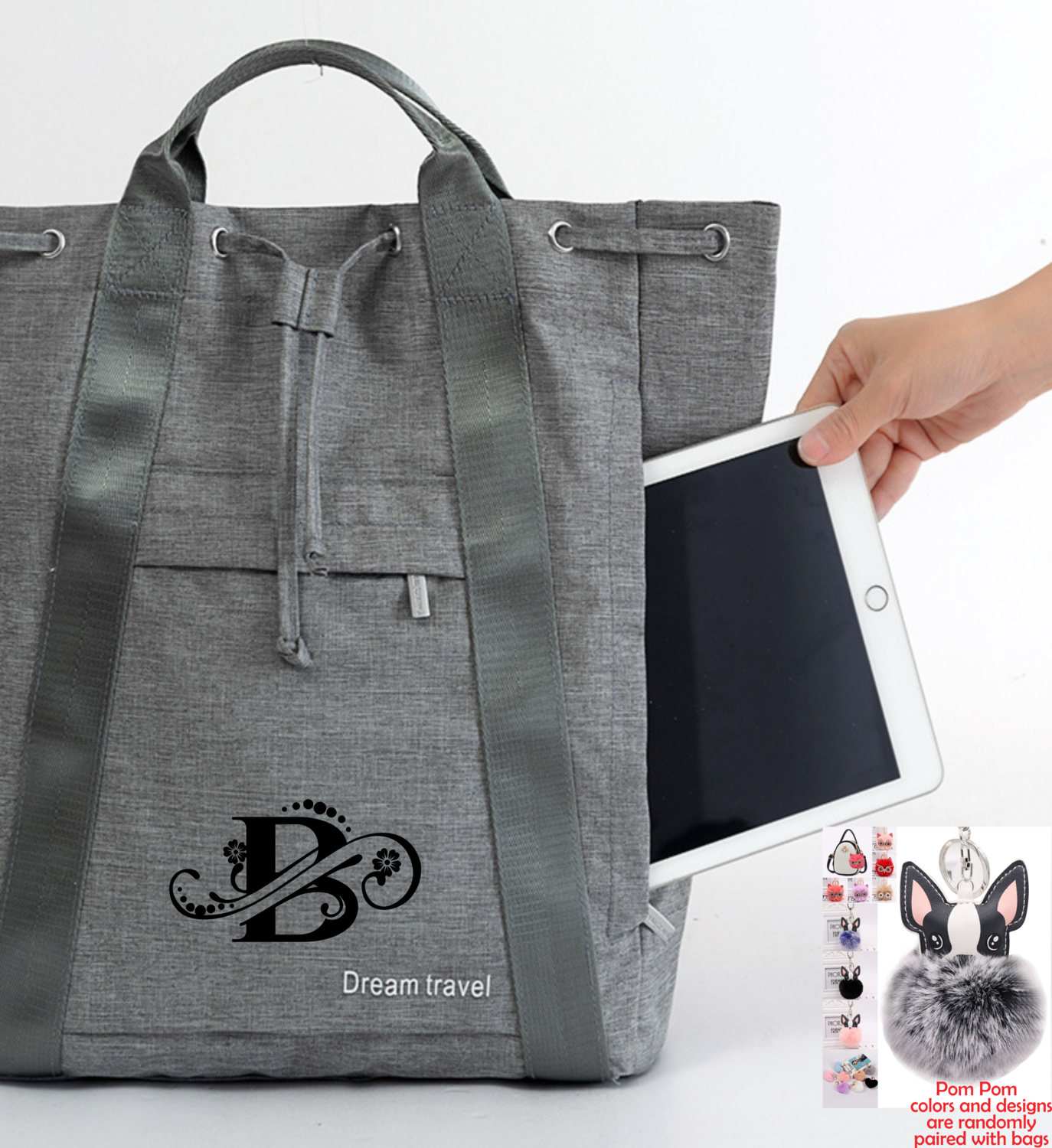 Personalized 2IN1 Backpacks/Tote With Pom Pom Charm