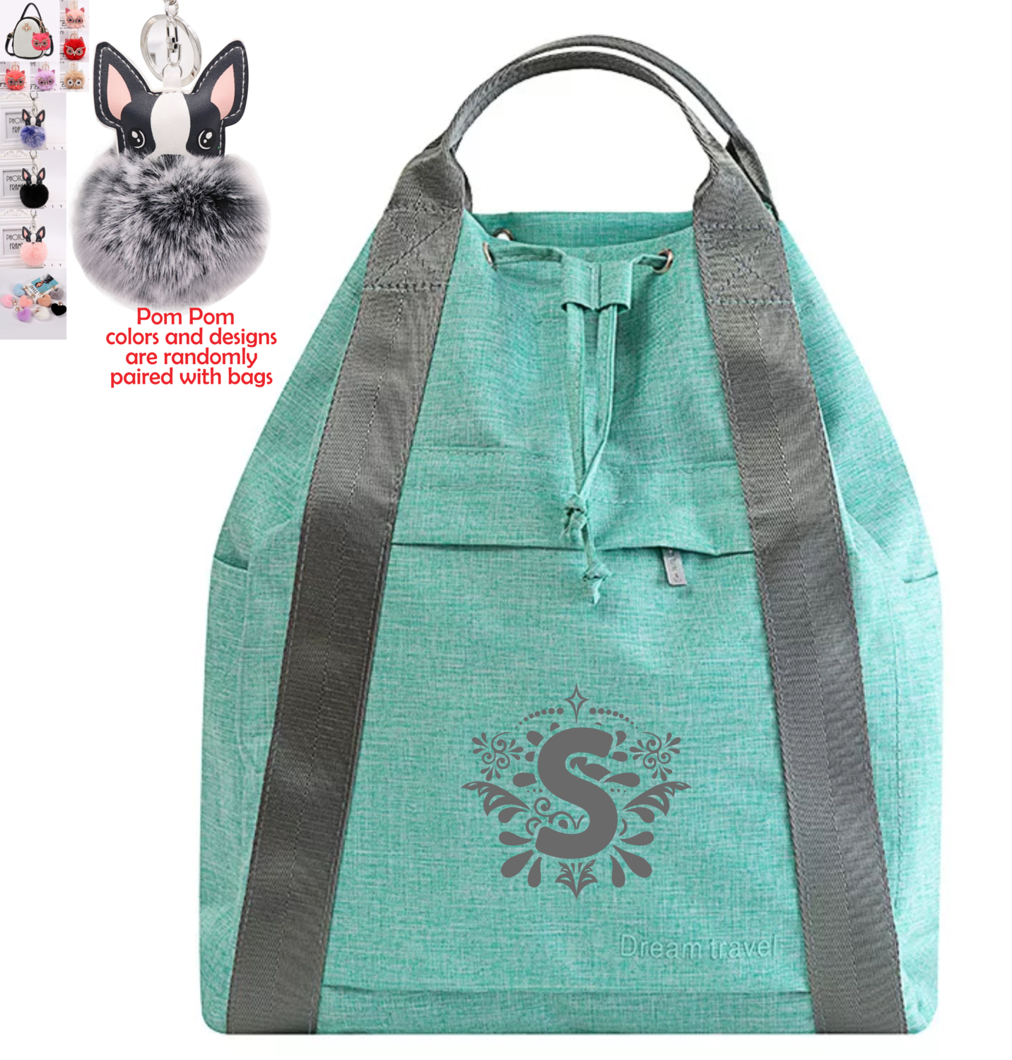 Personalized 2IN1 Backpacks/Tote With Pom Pom Charm