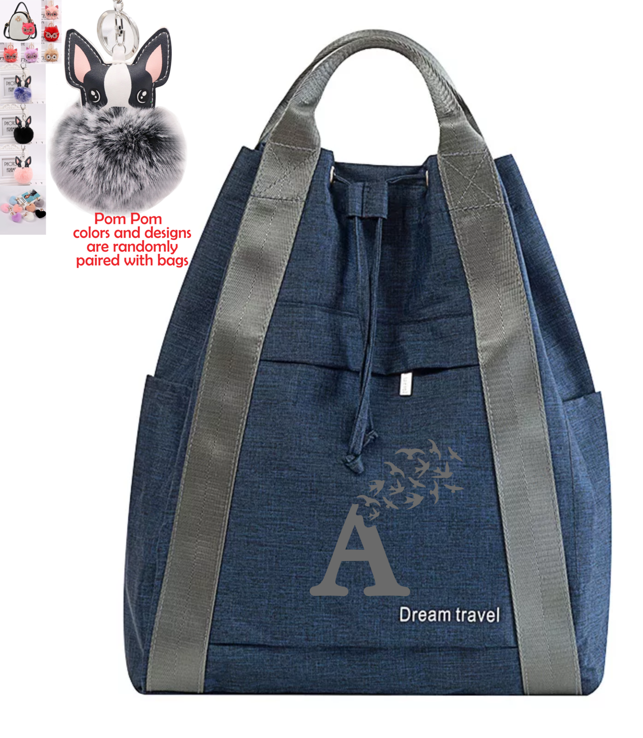 Personalized 2IN1 Backpacks/Tote With Pom Pom Charm