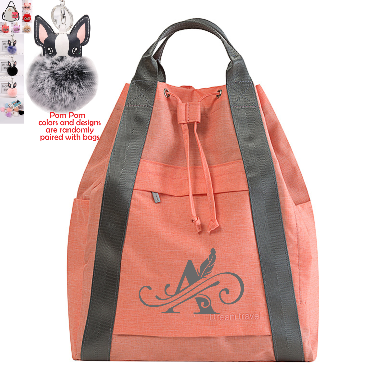 Personalized 2IN1 Backpacks/Tote With Pom Pom Charm, Select Design: Monogram1