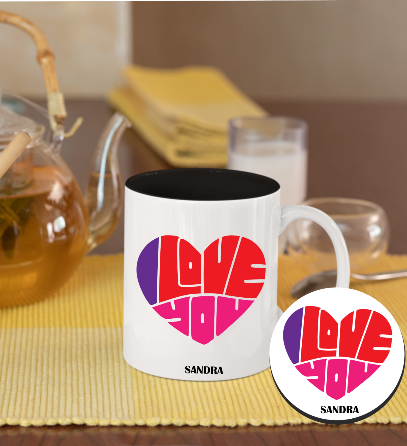 Personalized Mug &amp; Coaster Sets-His/Hers, Select Design: I Love You1