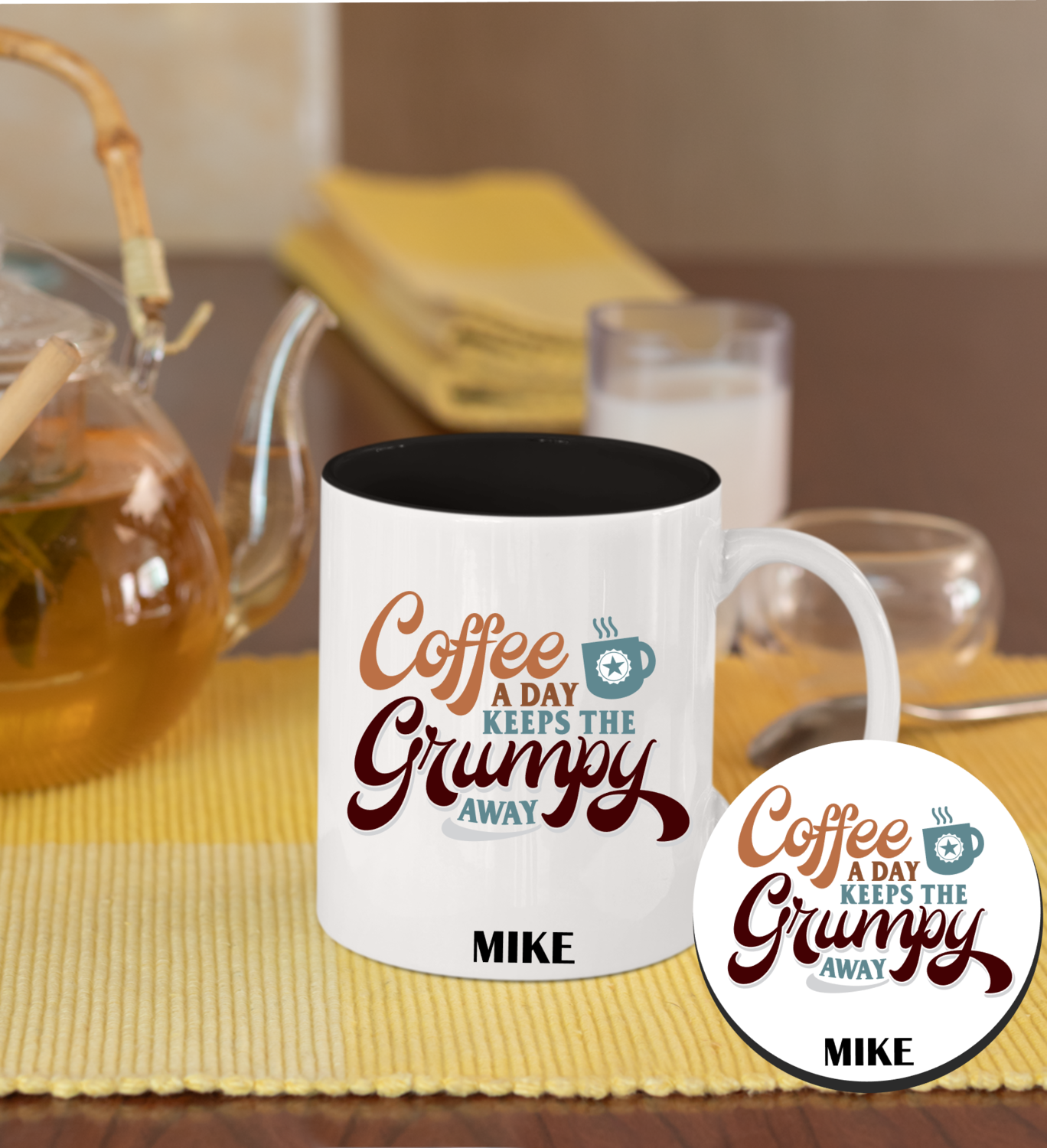 Personalized Mug &amp; Coaster Sets-His/Hers, Select Design: Coffee A Day...