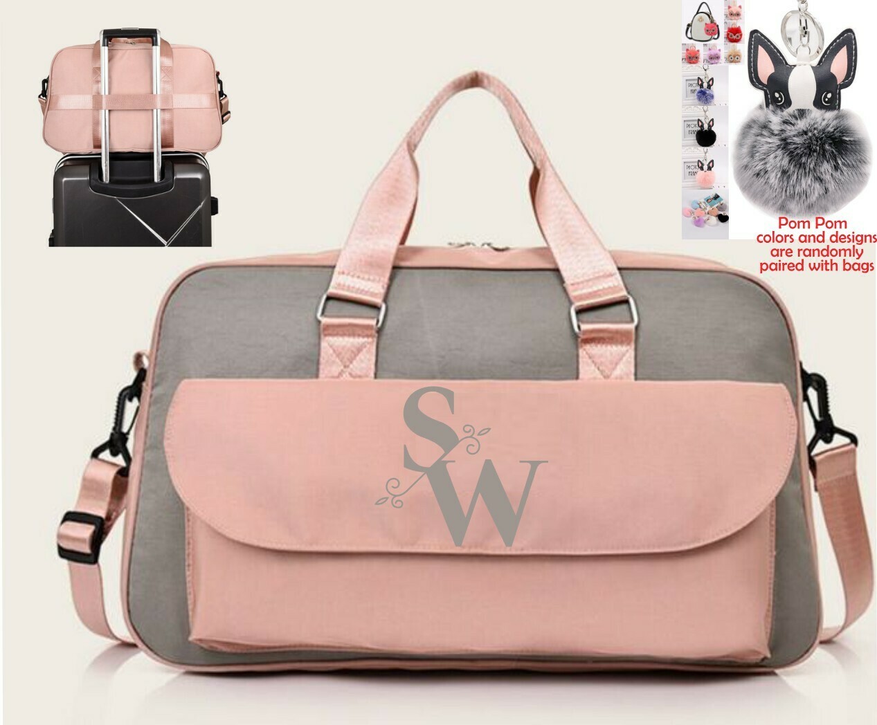 Personalized Weekender Bags With Pom Pom Charm