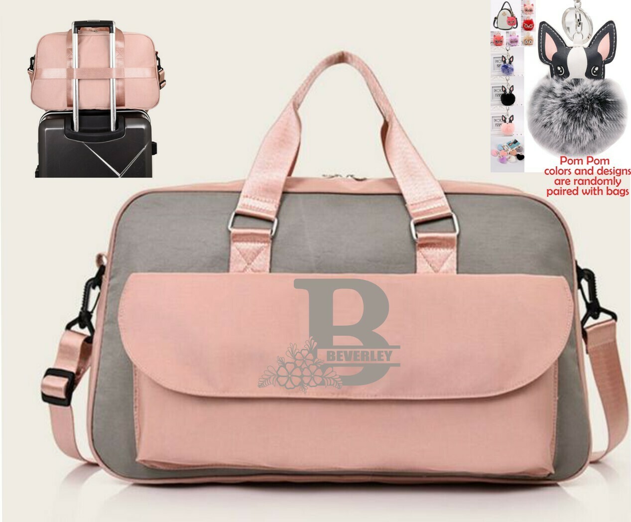 Personalized Weekender Bags With Pom Pom Charm