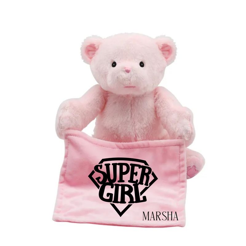 Personalized NameSake Peek-A-Boo Teddy Bear &quot;SUPER GIRL/BOY&quot;| Personalized Toy| Plush Toy| Animated Toy| Personalized Teddy Bear| Stuffed Animals for all