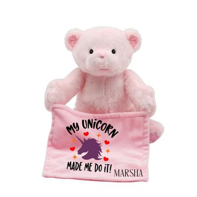 Personalized NameSake Peek-A-Boo Teddy Bear &quot;MY UNICORN&quot;| Personalized Toy| Plush Toy| Animated Toy| Personalized Teddy Bear| Stuffed Animals for all