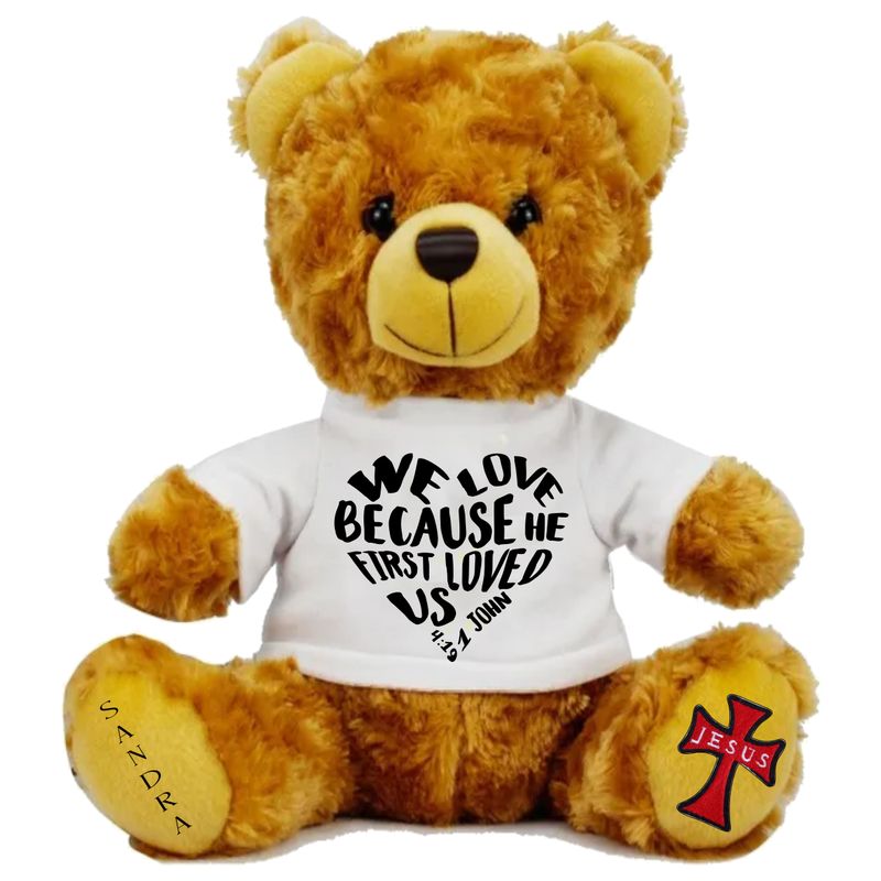 Personalized Scripture Bear &quot;WE LOVE BECAUSE&quot; Christian Gifts| Church Gift| Birthday Bear| Teddy Bear with Bible verse| Teddy Bear with name| NameSake Teddy Bear| Customized Stuffed Animals| Grad Bear