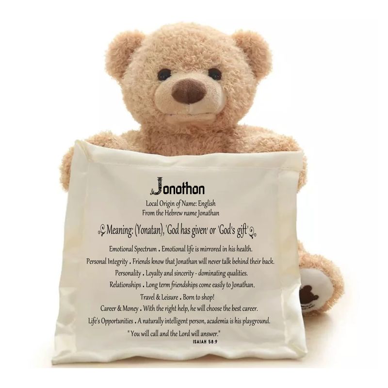Personalized Peek-A-Boo Teddy Bear 
FIRST NAME meaning and origin along with unique Bible verse| First name gift| Customized gift| Custom Name| Baby Name| Personalized bear| Boy Name| Girl Name