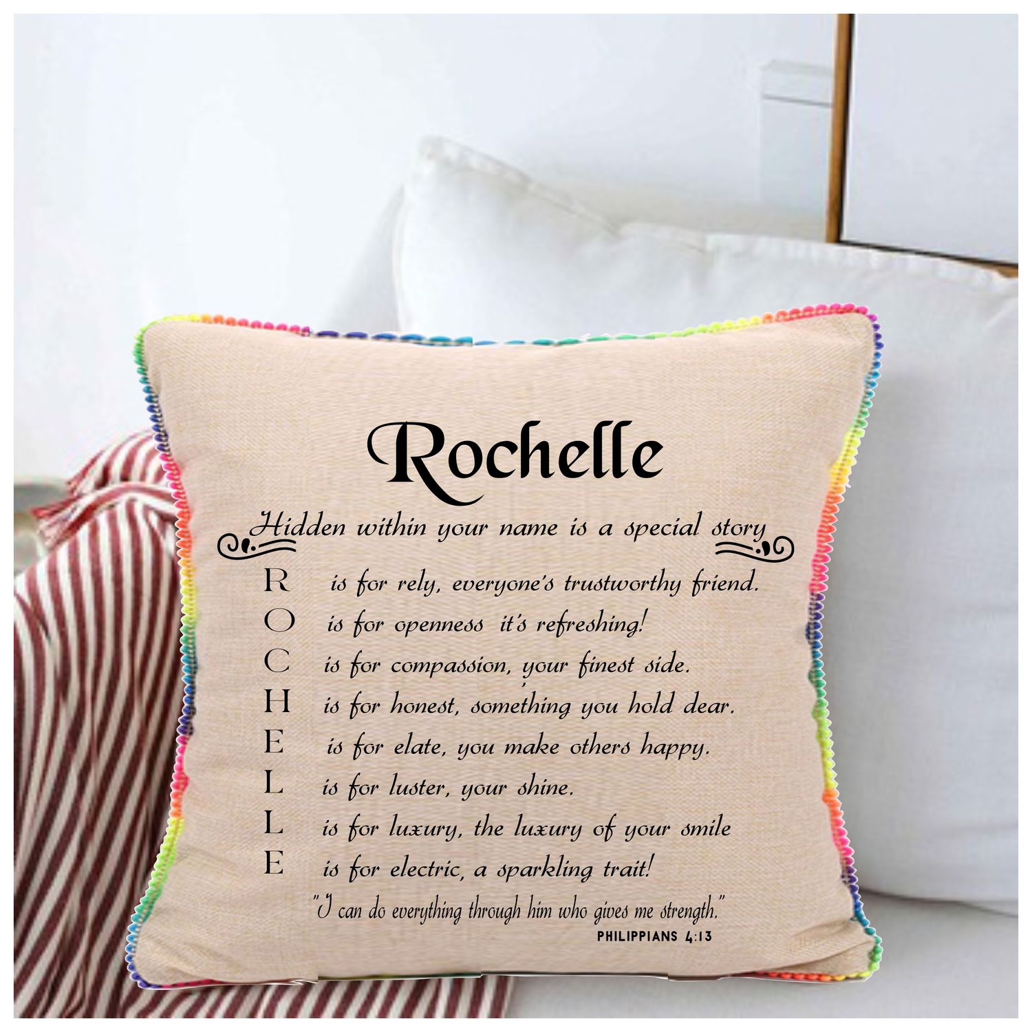 Customized Cushion with FIRST NAME meaning and origin along with unique Bible verse| First name gift| Customized gift| Custom Name| Baby Name| Personalized Cushion| Birthday Pillow| Boy Name|Girl Name