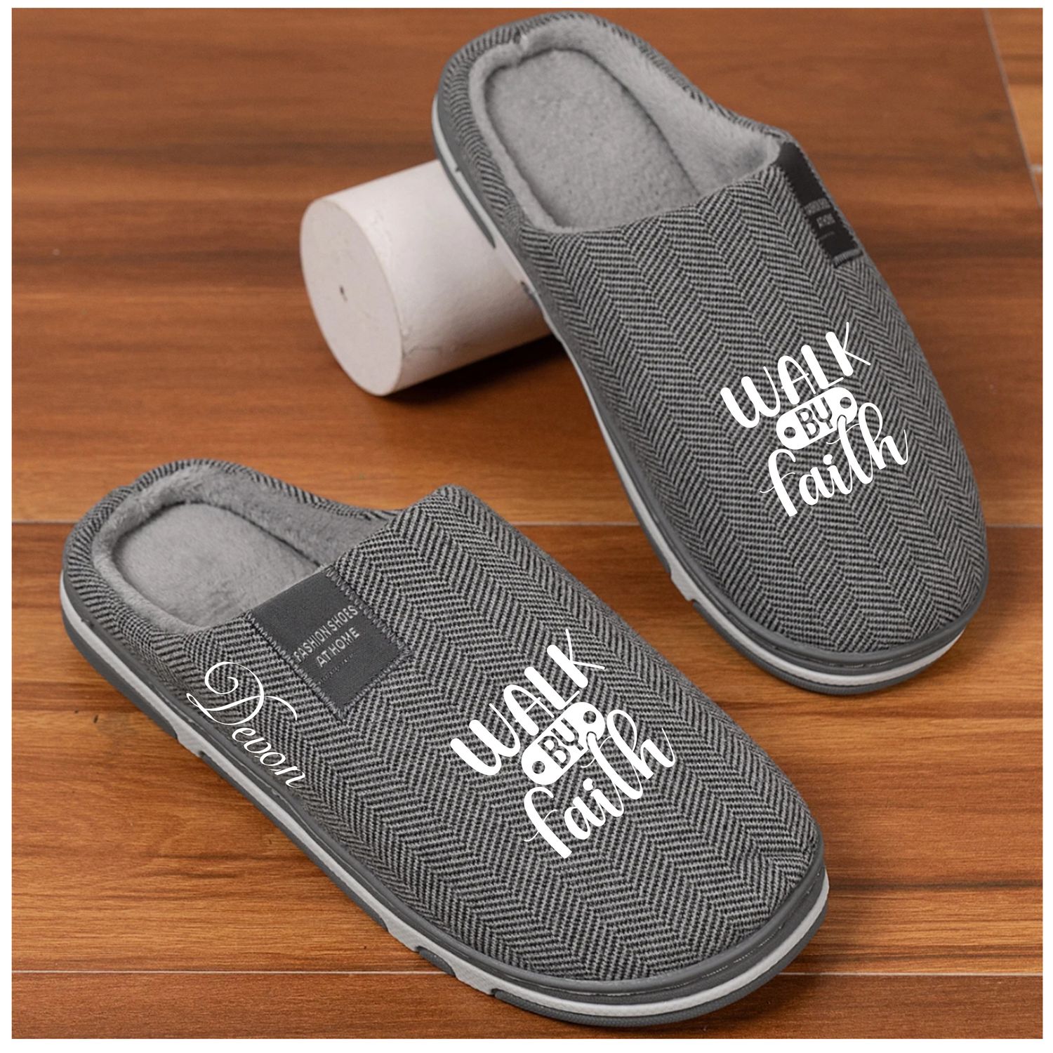 Faith-filled cozy slippers customized with your name and uplifting message
