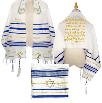 Personalized Christian prayer shawl with custom name, scripture verse, and matching pouch – crafted for worship and comfort