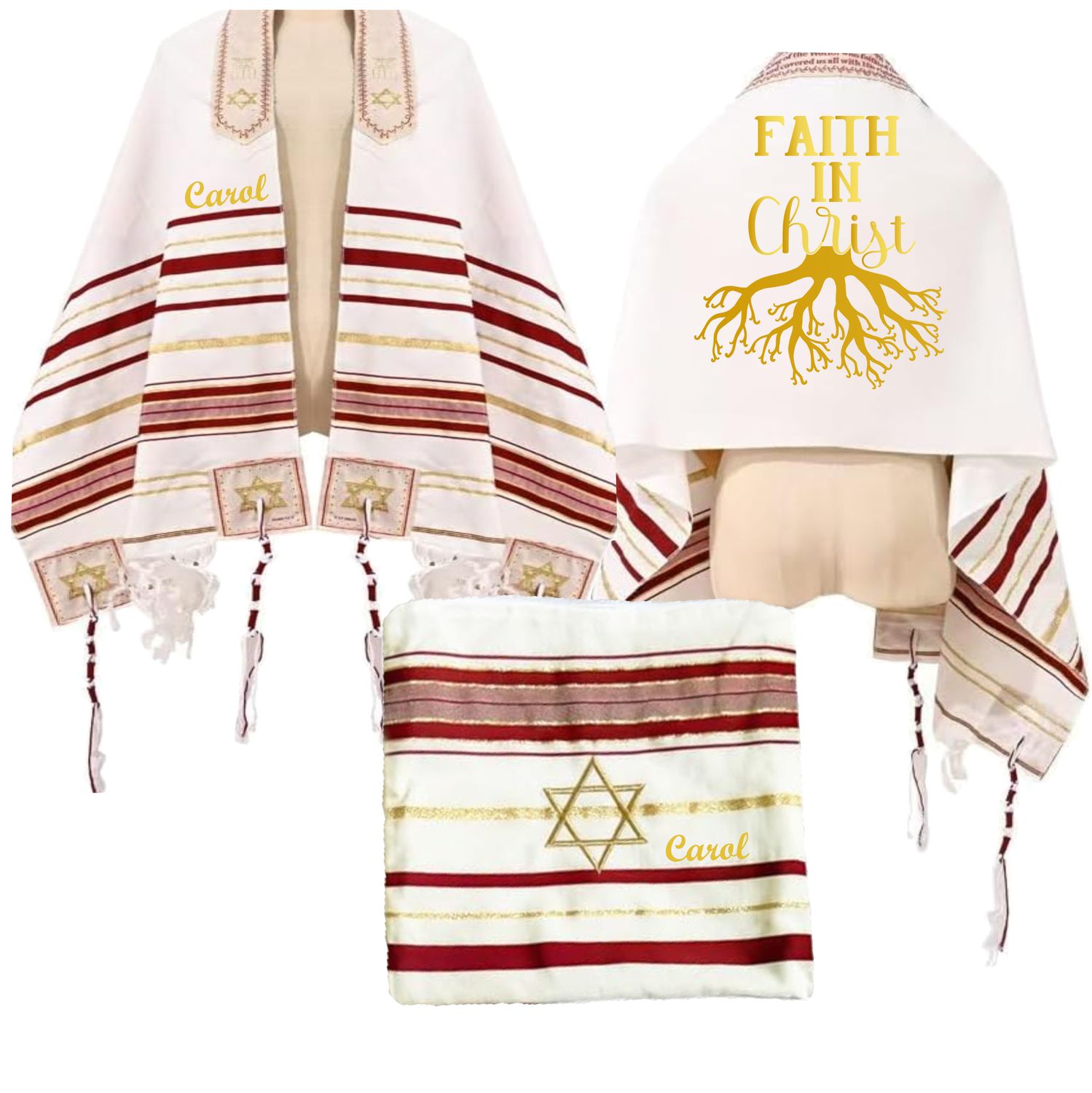 Personalized Christian prayer shawl with custom name, scripture verse, and matching pouch – crafted for worship and comfort