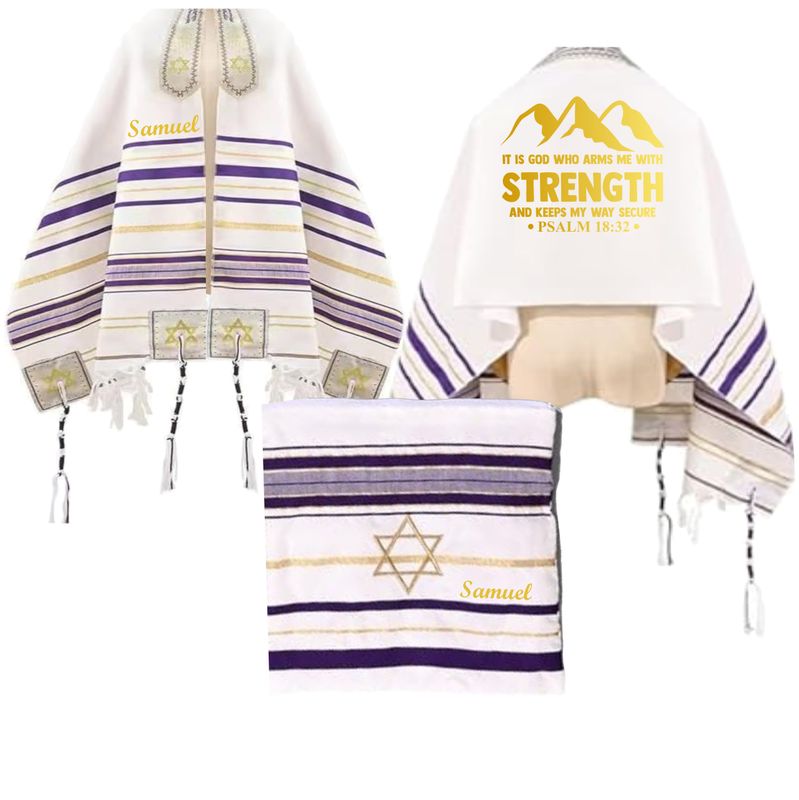 Personalized Christian prayer shawl with custom name, scripture verse, and matching pouch – crafted for worship and comfort