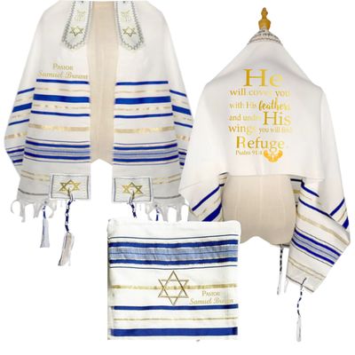 Personalized Christian prayer shawl with custom name, scripture verse, and matching pouch – crafted for worship and comfort
