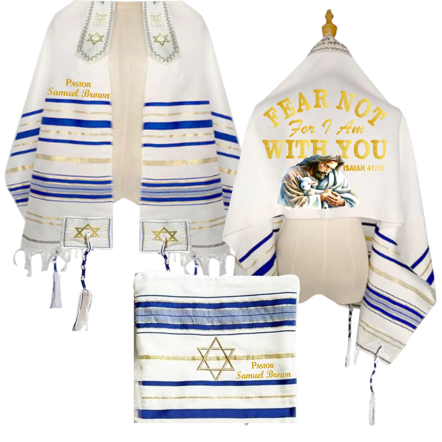 Personalized Christian prayer shawl with custom name, scripture verse, and matching pouch – crafted for worship and comfort