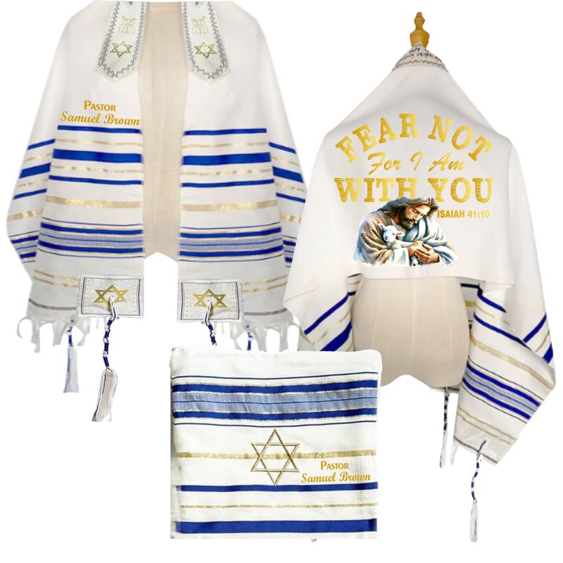 Personalized Christian prayer shawl with custom name, scripture verse, and matching pouch – crafted for worship and comfort