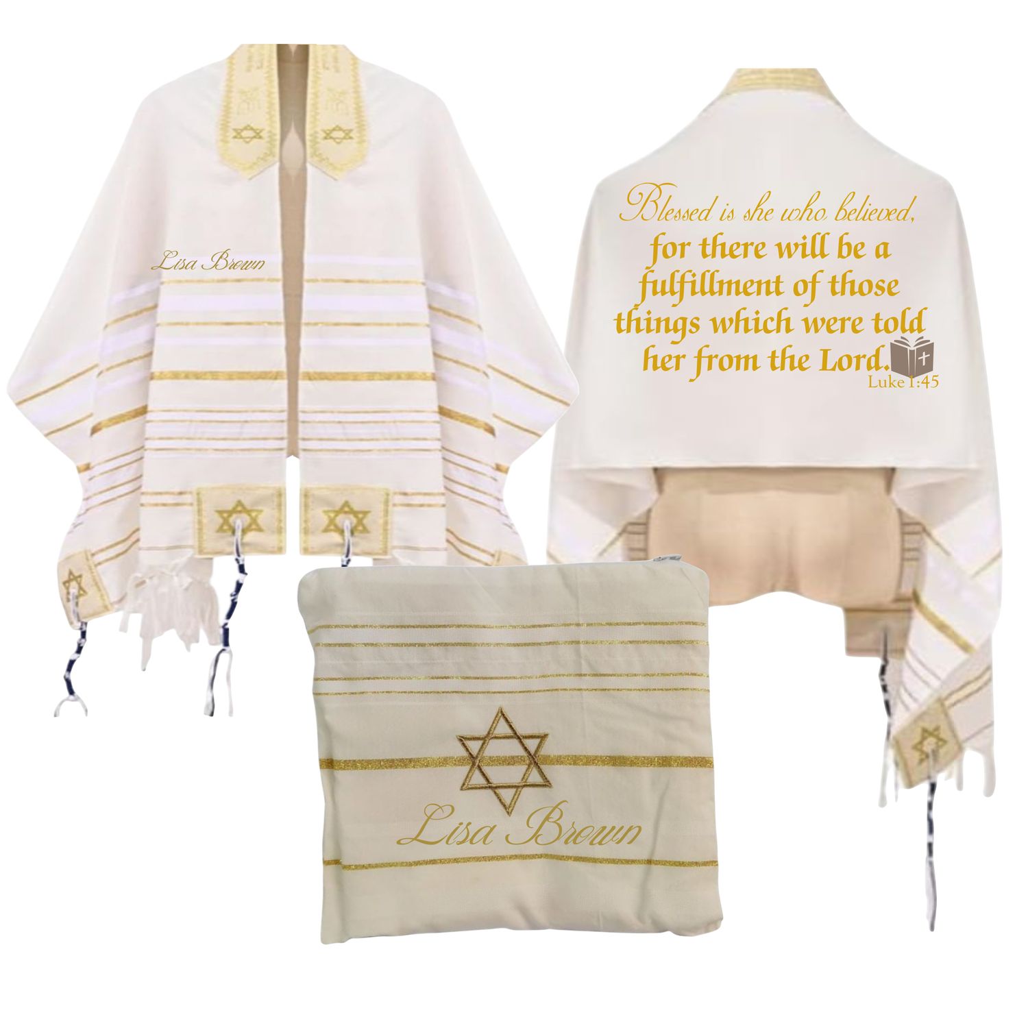 Personalized Christian prayer shawl with custom name, scripture verse, and matching pouch – crafted for worship and comfort