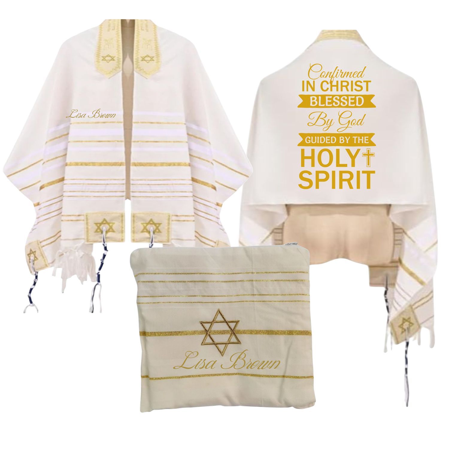 Personalized Christian prayer shawl with custom name, scripture verse, and matching pouch – crafted for worship and comfort
