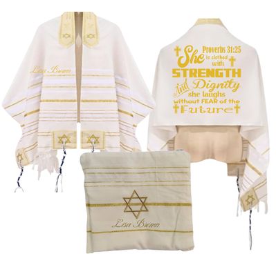 Personalized Christian prayer shawl with custom name, scripture verse, and matching pouch – crafted for worship and comfort